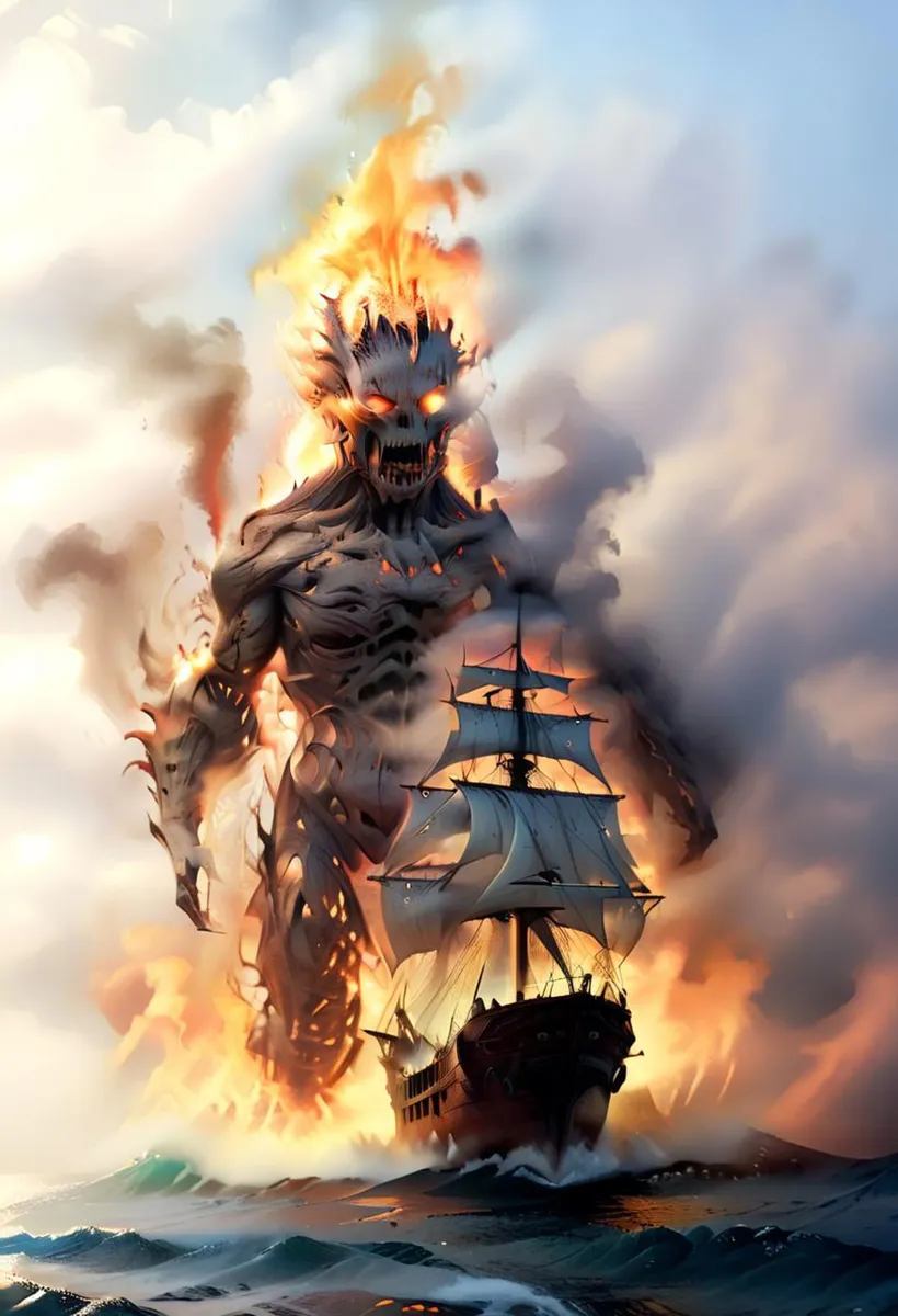 Fantasy scene of a giant fire demon with blazing eyes and mouth, towering over a ghost ship on the ocean. AI generated image using Stable Diffusion.