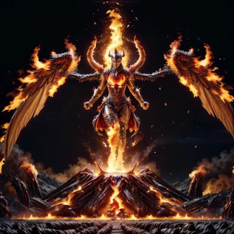 A fire demon with large fiery wings emerging from a blazing pit, AI generated using Stable Diffusion.