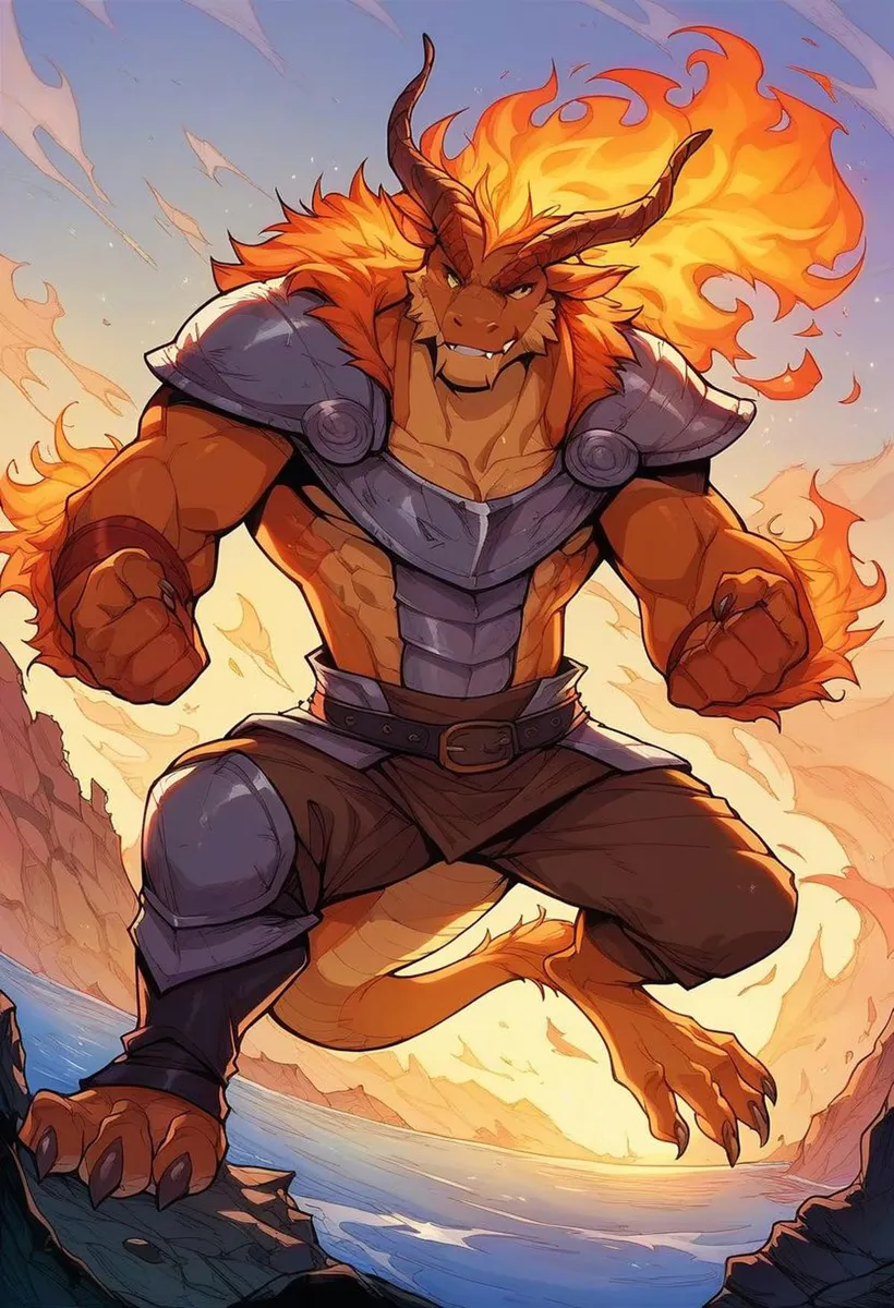 Fantasy art of a muscular fire dragon warrior with flaming hair, wearing armor and ready for battle. AI-generated image using Stable Diffusion.