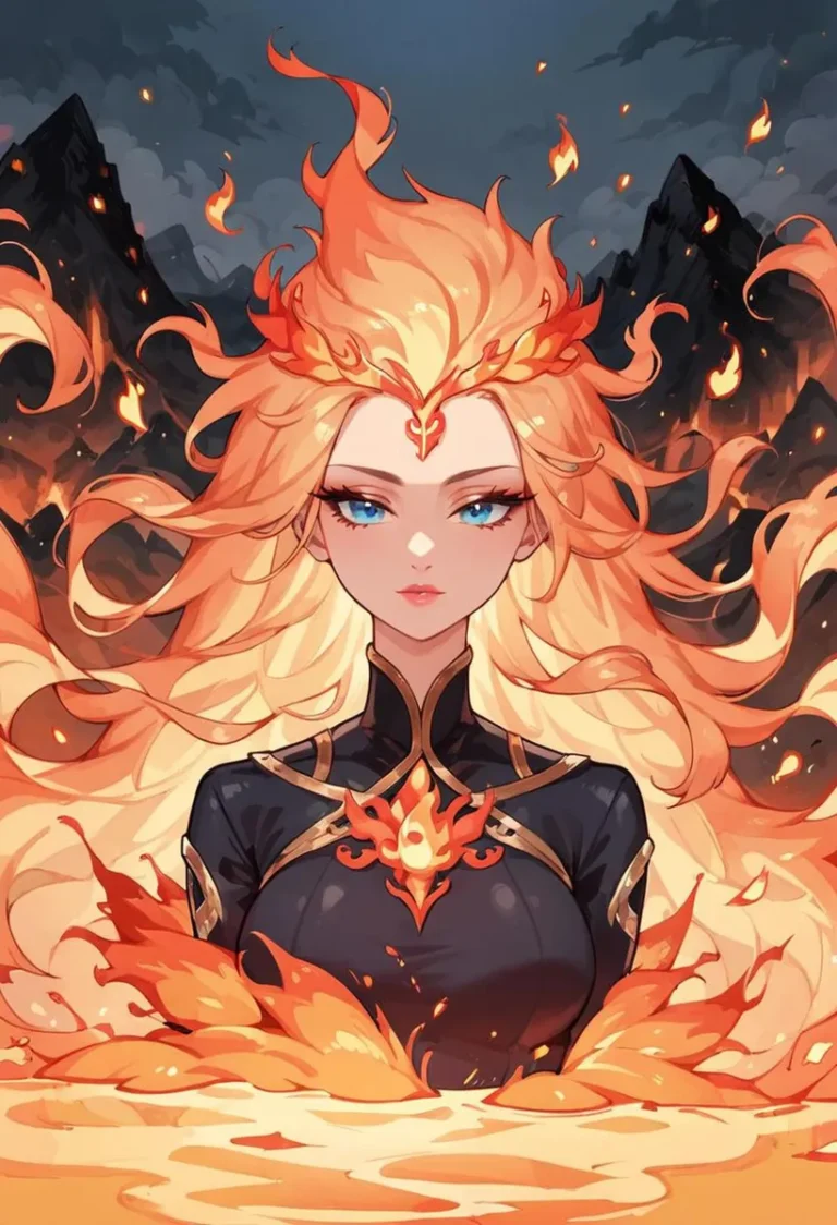 Anime-style illustration of a fire goddess with flowing, fiery hair and a black outfit, AI generated using Stable Diffusion.