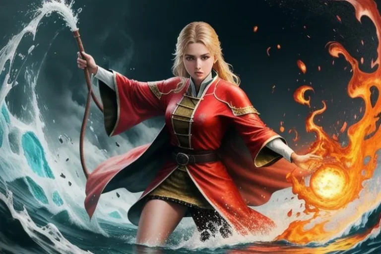 AI generated image using stable diffusion of a powerful female mage in a red robe, controlling both fire and water with her hands.