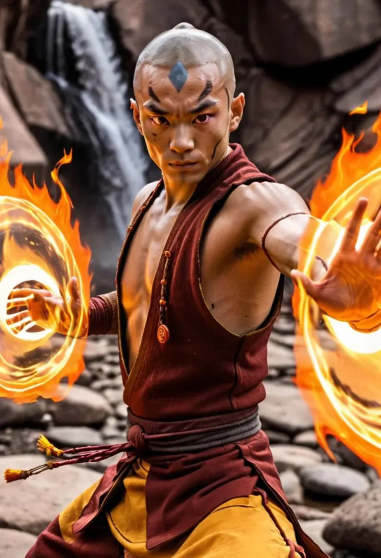 A fierce firebender martial artist with a shaved head and a blue arrow tattoo on his forehead, conjuring fire from his hands. Forest background, AI generated image using Stable Diffusion.