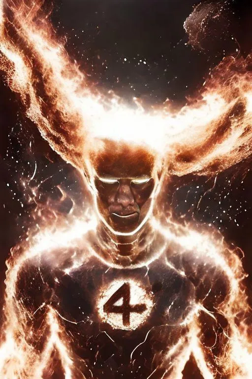 AI generated image of a superhero with fiery hair and a flaming body, created using Stable Diffusion.