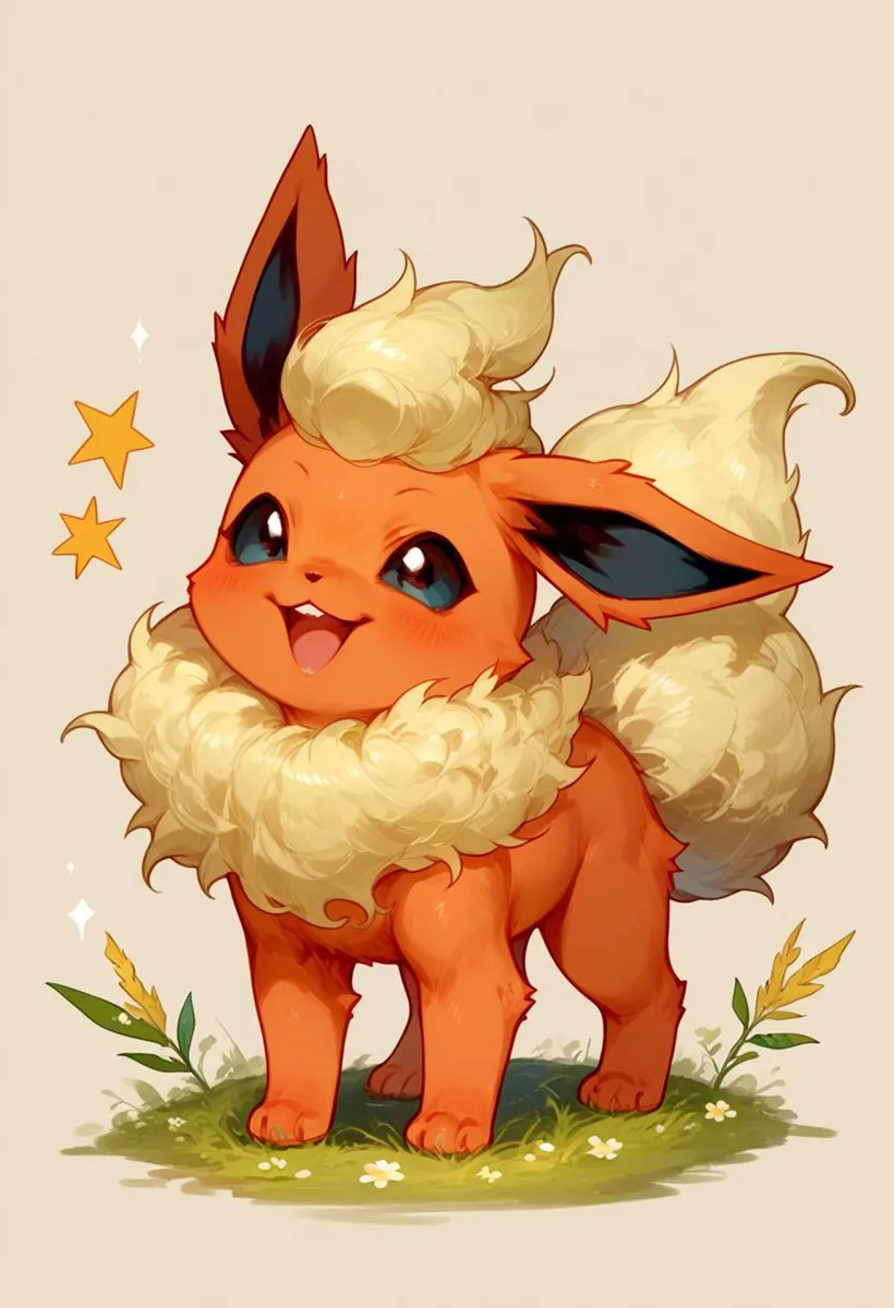 Cute digital art of Flareon, a fluffy orange Pokémon with large ears and a cheerful expression, standing on grass with small flowers. AI generated image using stable diffusion.