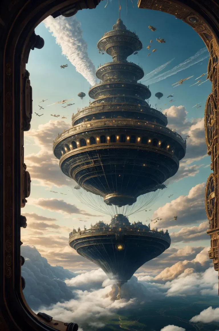 An AI generated image using stable diffusion depicting a floating city with intricate steampunk architecture set against a backdrop of scattered clouds and sky.