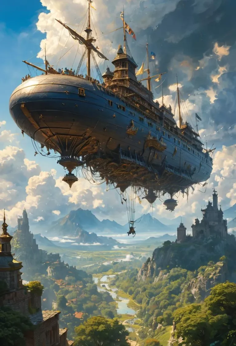 A floating steampunk ship hovers over a lush fantasy landscape, created using Stable Diffusion AI.