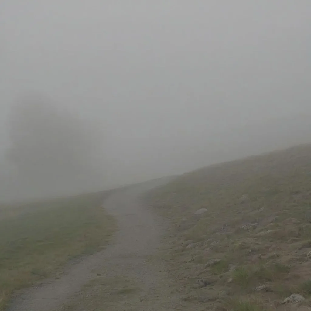 A foggy path amidst a misty landscape, ai generated image using stable diffusion.