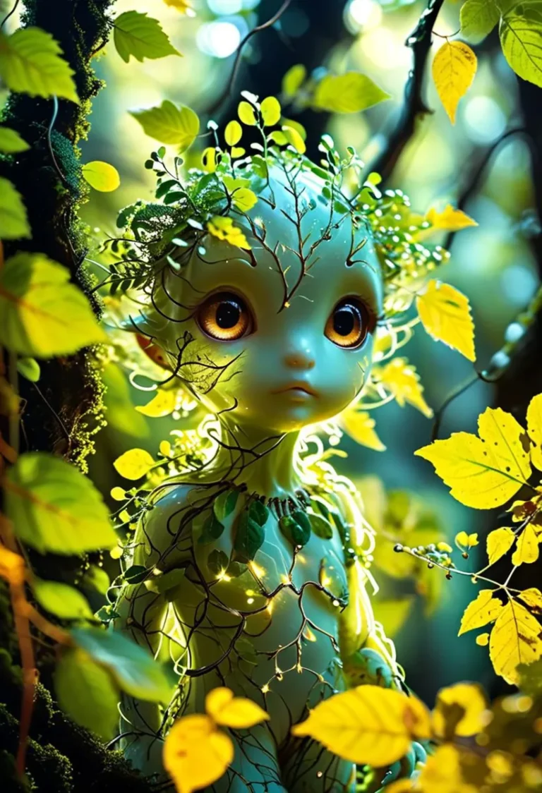 A mystical forest spirit with leaves and vines, AI-generated using Stable Diffusion.