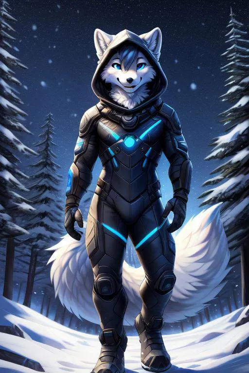 Anthropomorphic fox in futuristic cybernetic armor, standing in a snowy forest. AI generated image using Stable Diffusion.