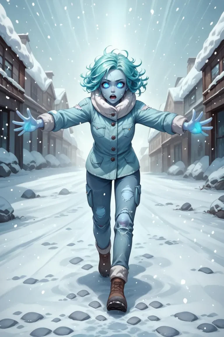 AI generated image using stable diffusion of a girl with glowing blue skin and icy blue hair running through a snowy town with magical powers.