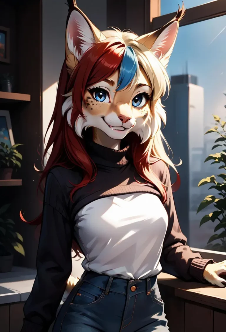 Anthropomorphic furry character with red and blue hair, wearing casual clothing, created using AI and Stable Diffusion.