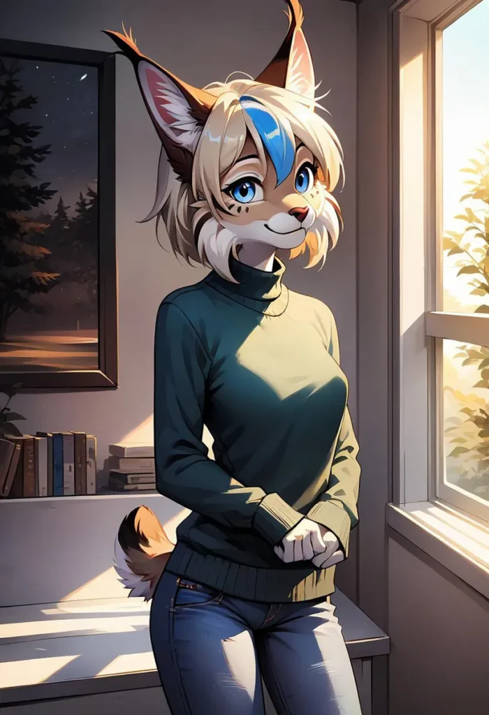 A furry character with cat-like features in anime style, wearing a green turtleneck, standing in a room with a window and bookshelf, created using AI and Stable Diffusion.