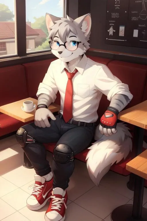 Anthropomorphic wolf character in a coffee shop, dressed in casual attire, with a cup of coffee, AI generated image using Stable Diffusion.