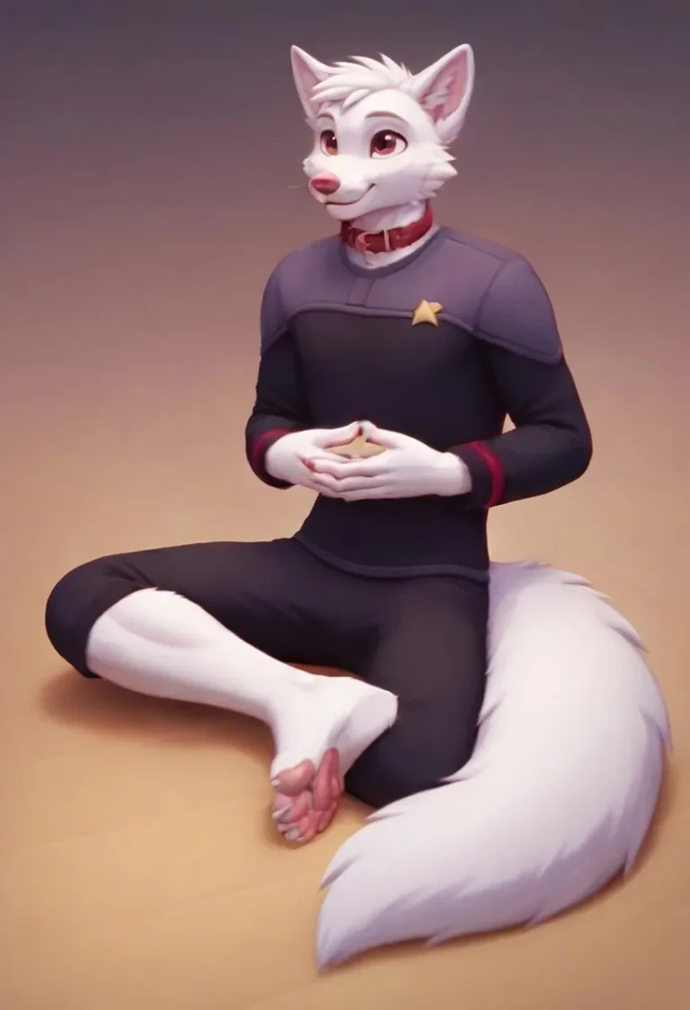 AI generated image of a white furry character with wolf-like features kneeling and wearing a Starfleet uniform created using Stable Diffusion.