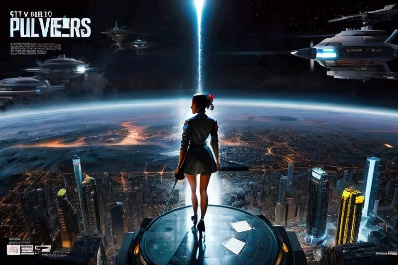A futuristic cityscape with a woman standing on a platform overlooking a city filled with high-tech buildings and flying spaceships using AI-generated Stable Diffusion techniques.