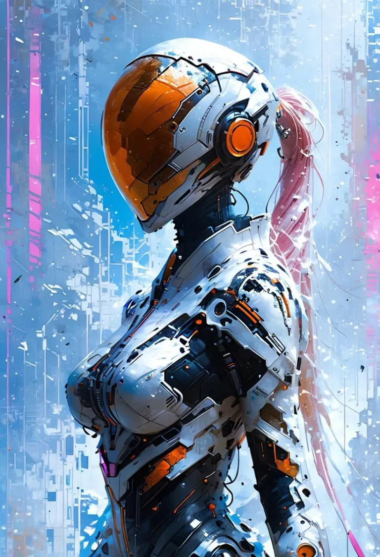 A futuristic cyborg with pink hair featuring advanced robotics and an orange-tinted helmet, created by AI using stable diffusion.