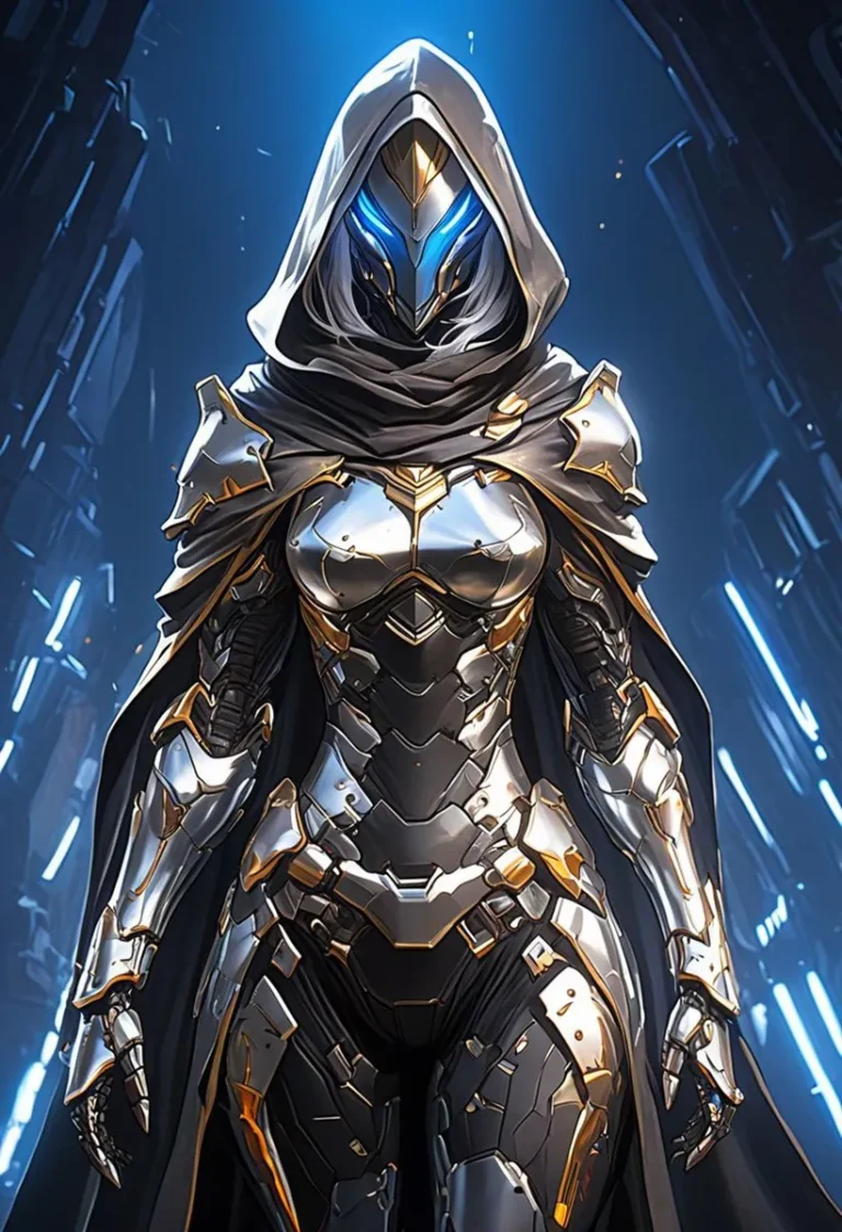 AI generated image using Stable Diffusion of a futuristic knight in detailed sci-fi armor with a hooded cloak.