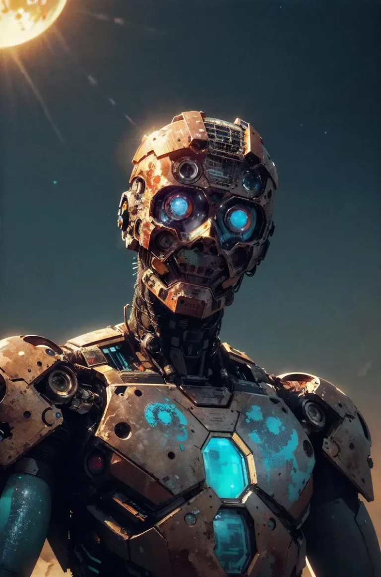 A detailed AI generated image of a futuristic robot with glowing blue eyes and a rusted metallic body, created using Stable Diffusion.