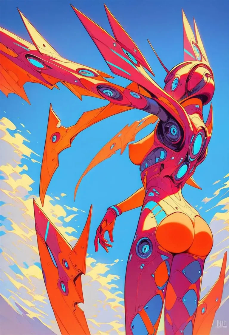 A futuristic robot with neon accents and elongated limbs stretches beneath a vibrant blue sky. AI generated image using Stable Diffusion.