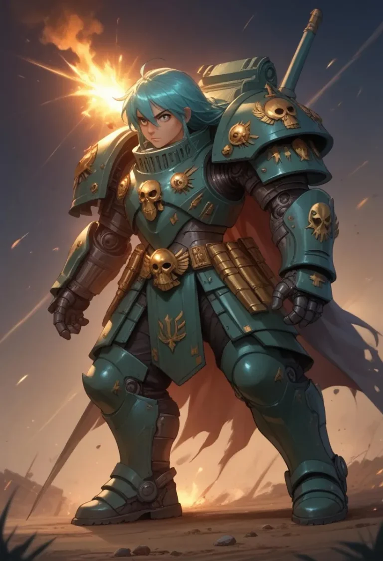 An anime-styled futuristic warrior with blue hair dressed in teal sci-fi armor adorned with skull emblems and gold accents, standing in a dynamic pose against a fiery background using Stable Diffusion.