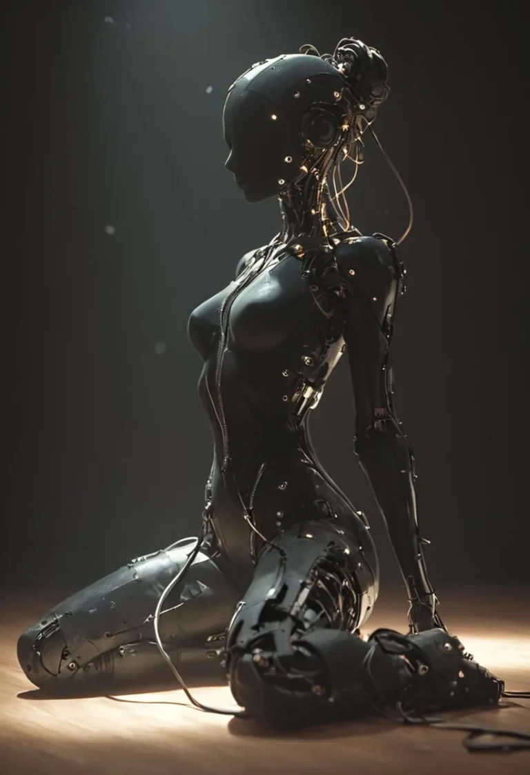 AI generated image using stable diffusion depicting a cybernetic human in a sleek black body, kneeling on one knee with wires and intricate details, under a spotlight in a dark ambiance.