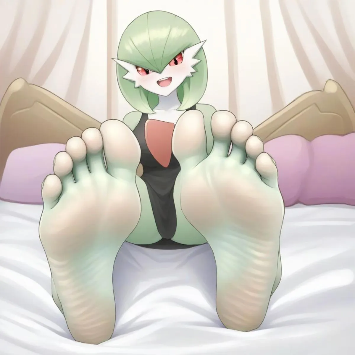 An AI-generated image of Gardevoir, a character from Pokemon, with a focus on her feet, created using Stable Diffusion.