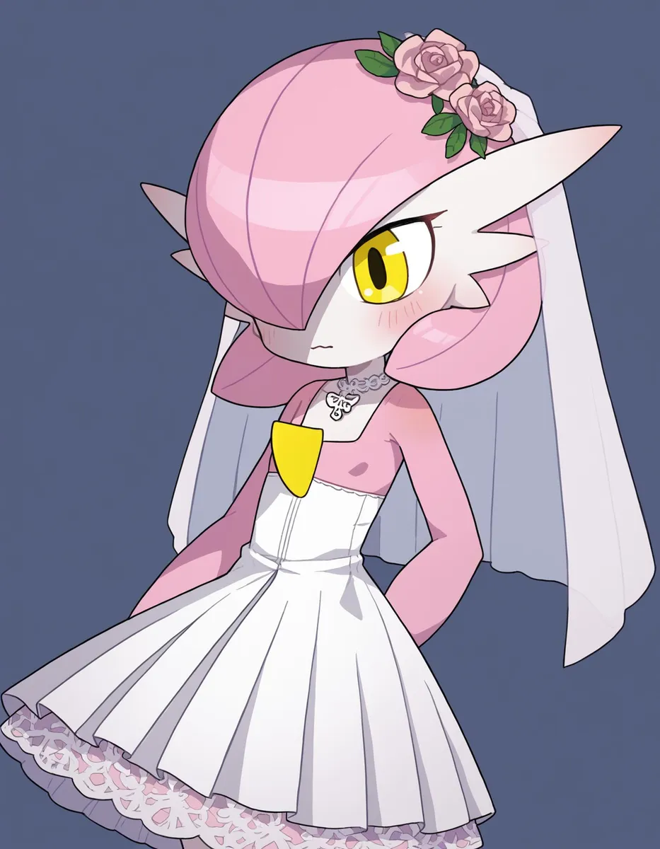 An AI generated image of a Gardevoir character dressed as a bride in a white wedding dress with a floral headpiece, created using Stable Diffusion.