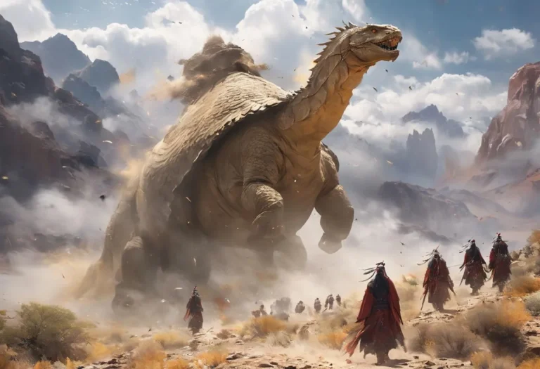 A giant, hulking creature with rough, scaled skin and a tortoise shell moves through a mountainous landscape, surrounded by fantasy warriors in red and black robes, created with Stable Diffusion.