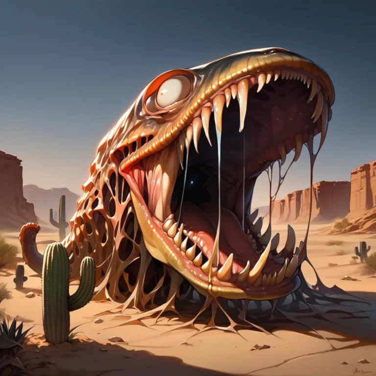 A giant monster with sharp teeth in a desert landscape created using Stable Diffusion.