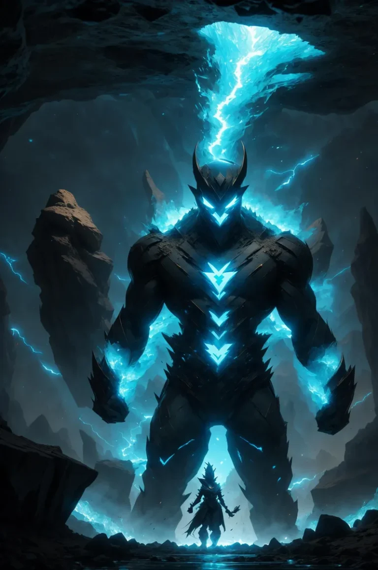 A massive armored warrior with a glowing blue lightning aura towering over a smaller figure, AI generated using Stable Diffusion.