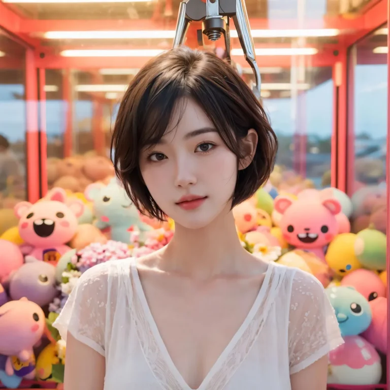 Anime style girl with short black hair standing in front of a toy claw machine filled with colorful plush toys, generated using stable diffusion.