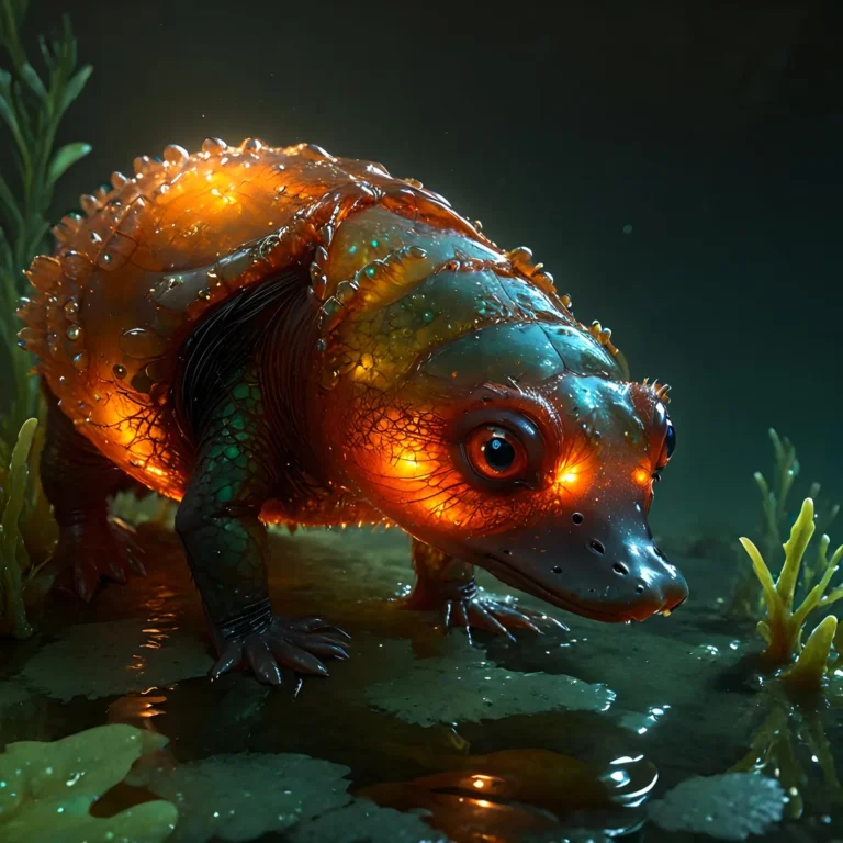 An AI-generated image of a glowing amphibian-like creature with illuminated, translucent skin standing in a fantasy-like, wet, and lush environment. Created using Stable Diffusion.