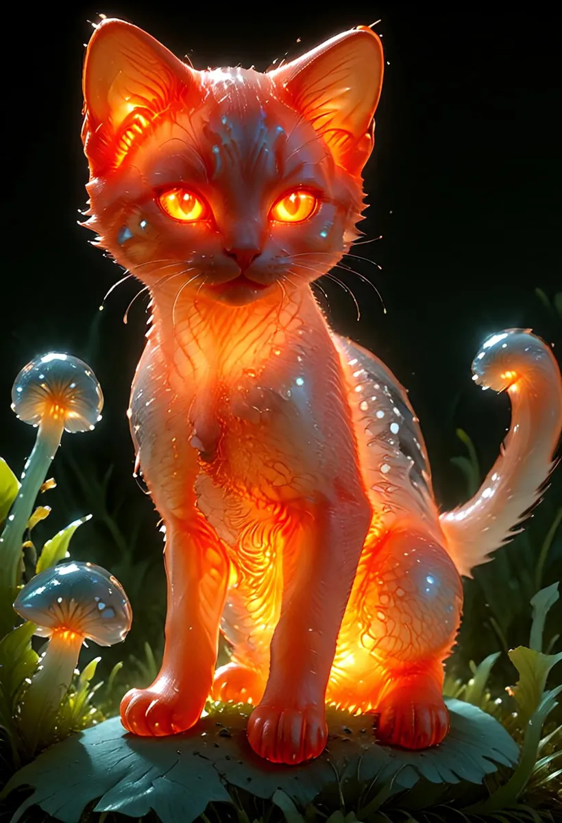 A glowing cat with bright orange eyes and detailed fur stands in a fantasy setting, surrounded by bioluminescent mushrooms. AI generated using Stable Diffusion.