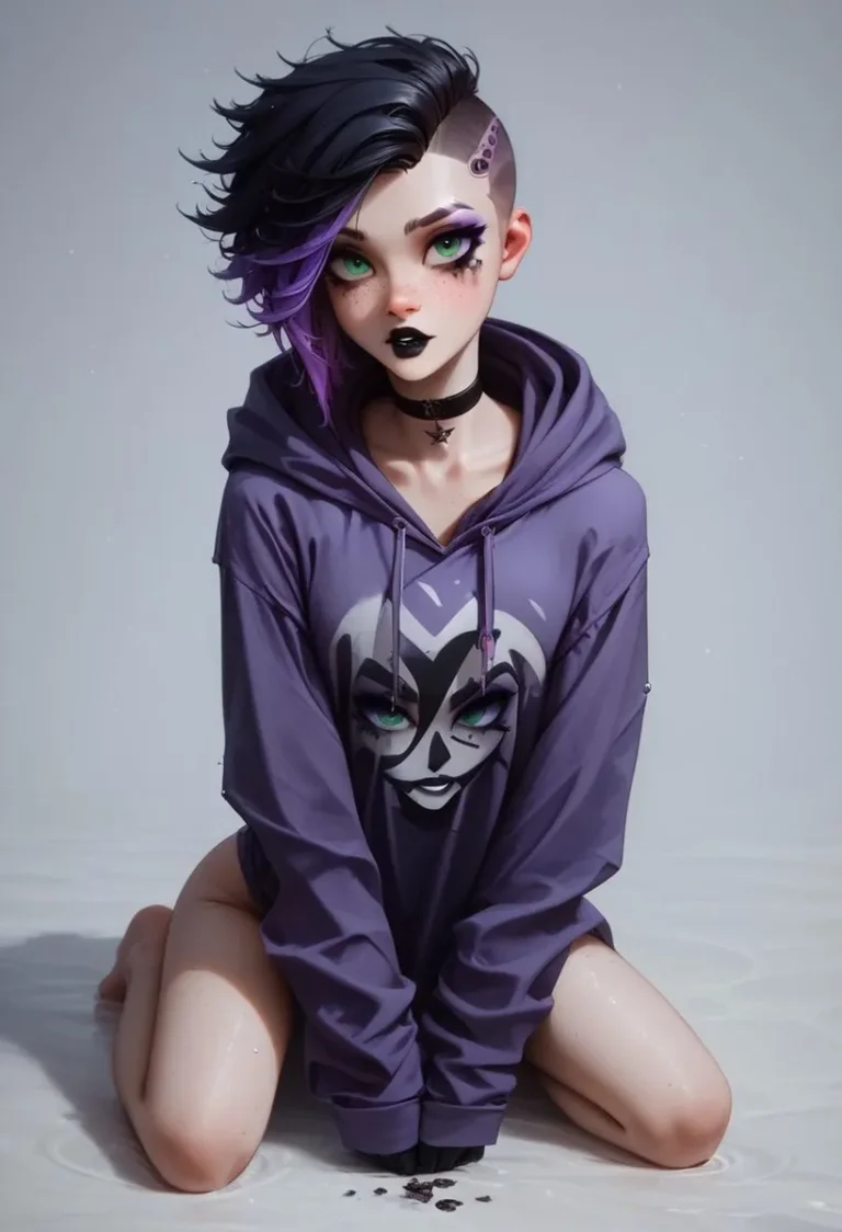 A goth girl with a modern hairstyle wearing a purple hoodie. AI generated image using Stable Diffusion.