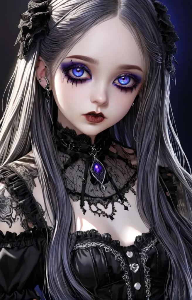 A gothic girl with striking blue eyes in anime style, created using Stable Diffusion AI.
