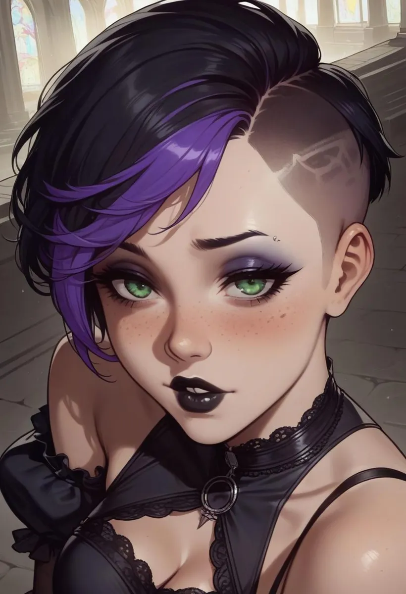 A close-up portrait of a gothic anime girl with green eyes and purple hair, showcasing a dramatic, edgy look. This is an AI generated image using Stable Diffusion.
