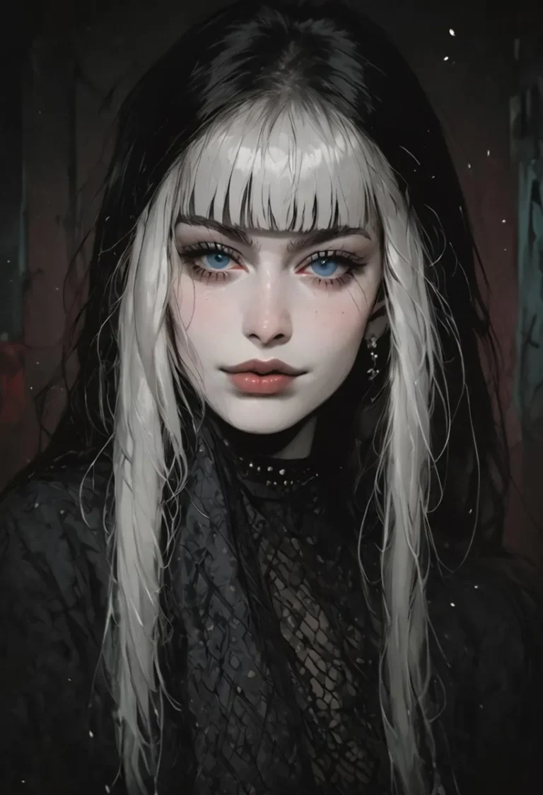 A stunning gothic portrait of a woman with striking blue eyes and two-tone black and white hair, created using Stable Diffusion.