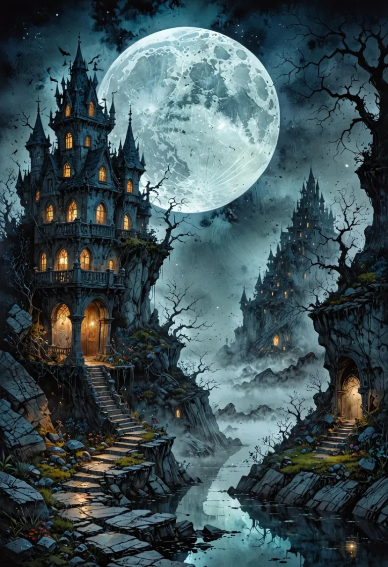 Gothic castle with glowing windows under a large full moon in a dark fantasy landscape, created using AI with Stable Diffusion.