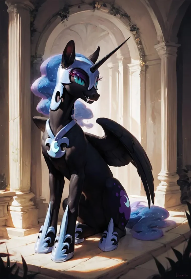 Gothic-styled unicorn with dark armor and mystical mane in an ancient temple, AI generated with Stable Diffusion.