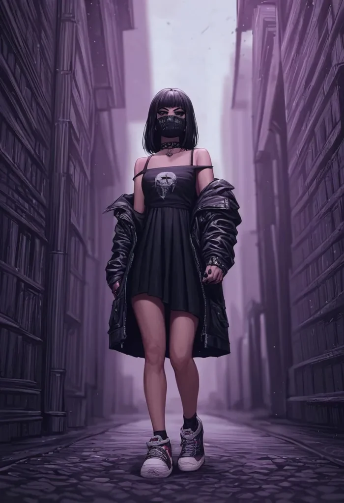 A gothic girl with black hair in a black dress and mask stands in an urban alley. This is an AI generated image using Stable Diffusion.
