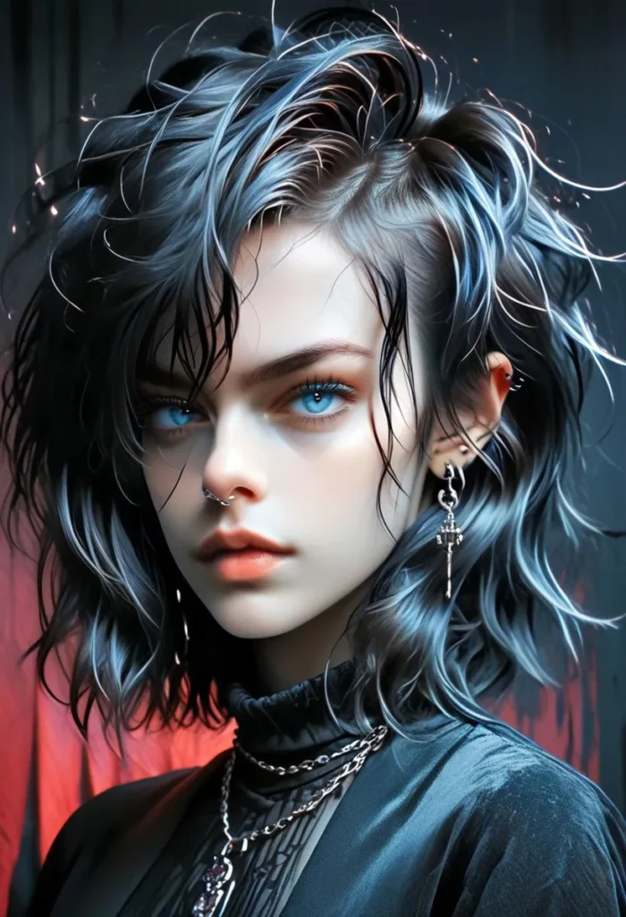 A stunning AI-generated image of a young gothic girl with piercing blue eyes, short wavy hair, and various pieces of jewelry, created using stable diffusion.