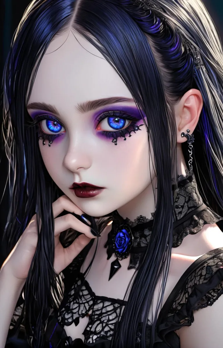 A highly detailed AI-generated image using Stable Diffusion of an gothic girl with vivid blue eyes, dark makeup, and a lace choker adorned with a blue rose.
