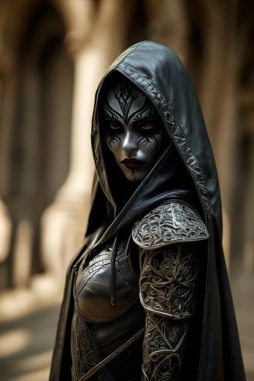 A gothic hooded warrior woman with face paint and a dark cloak, created using stable diffusion.