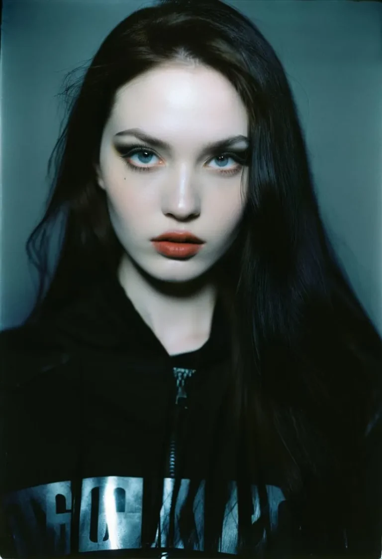 An AI generated image using stable diffusion featuring a young woman with a gothic look, dark hair, intense gaze, and dark clothing.