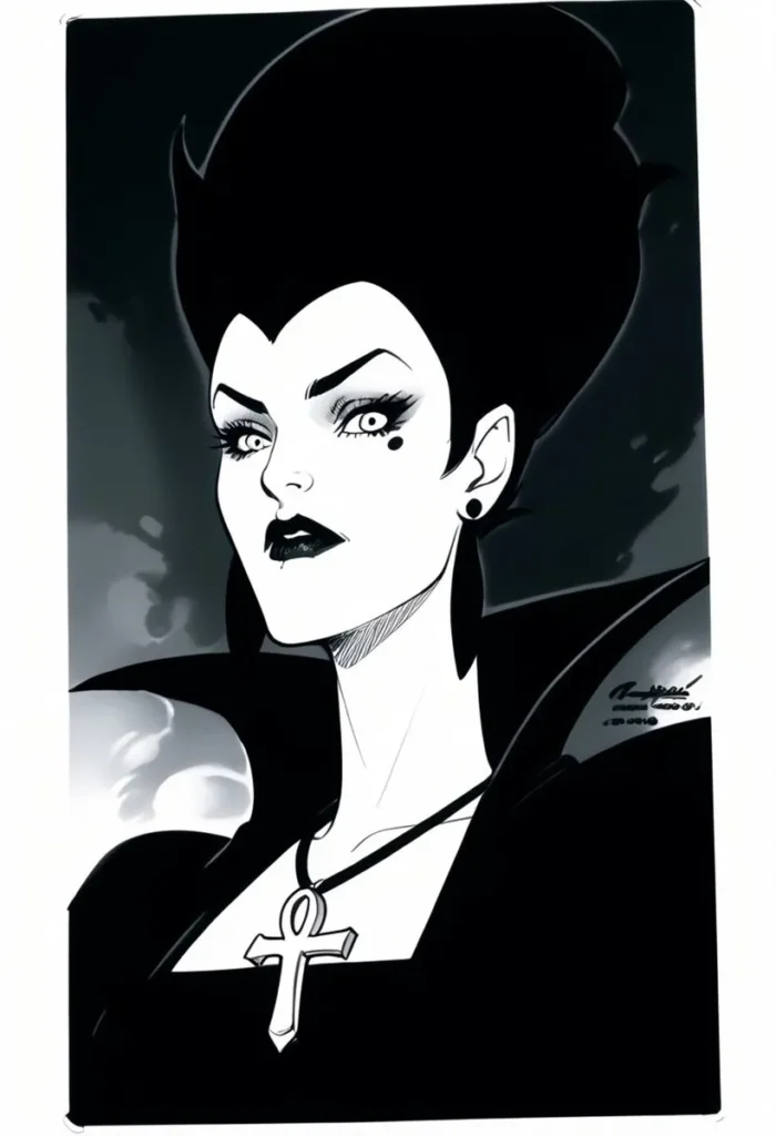 A gothic vampire female character rendered in black and white, created using AI and Stable Diffusion.