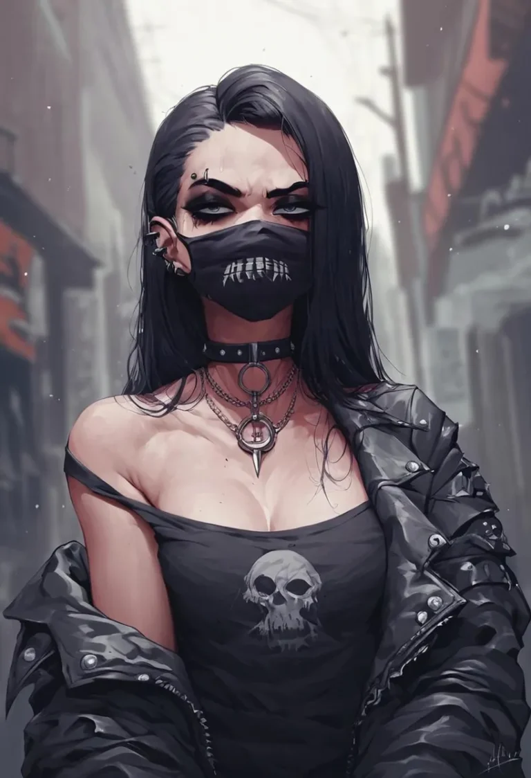 AI generated image of a gothic woman wearing a mask, leathery jacket, and gothic jewelry, standing in an urban street, created with Stable Diffusion.