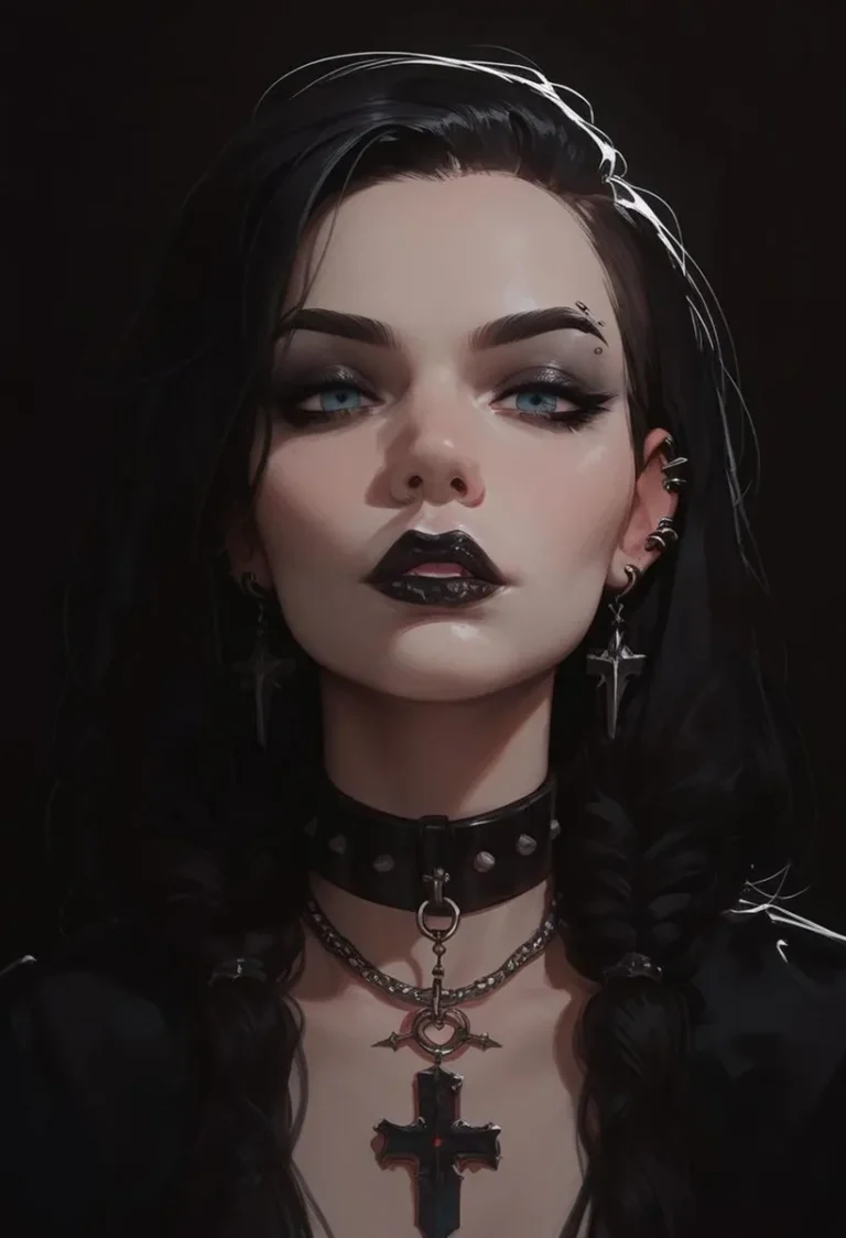 A gothic woman with dark hair, piercings, and black lip makeup, wearing a black choker and a large cross necklace, AI generated using stable diffusion.