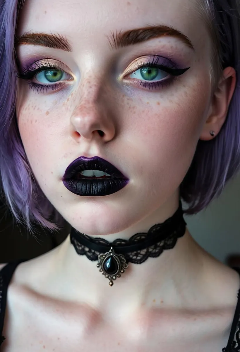 A young woman with purple hair, green eyes, and black lipstick. She wears a black lace choker with a pendant. AI-generated image using Stable Diffusion.