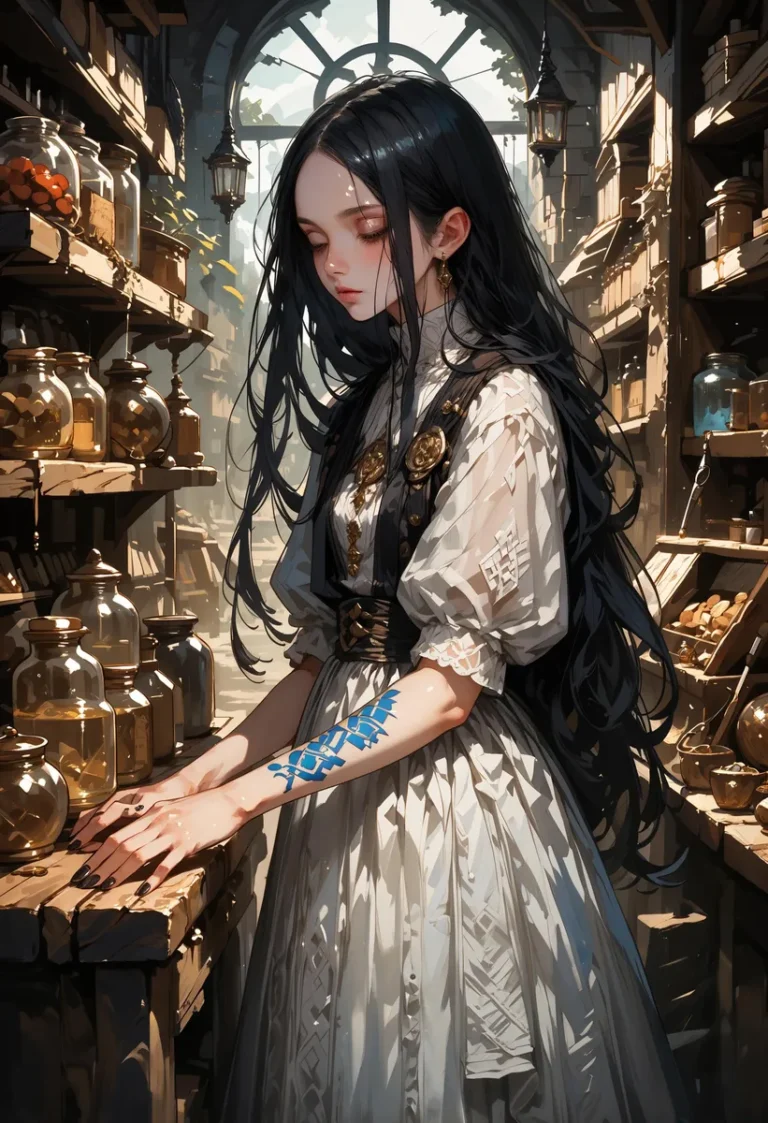 A gothic woman in a mystical apothecary filled with various jars, generated by AI using Stable Diffusion.