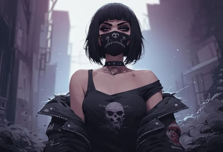 AI-generated image of a gothic woman with short black hair, wearing a mask and black outfit, in a cyberpunk cityscape created with Stable Diffusion.